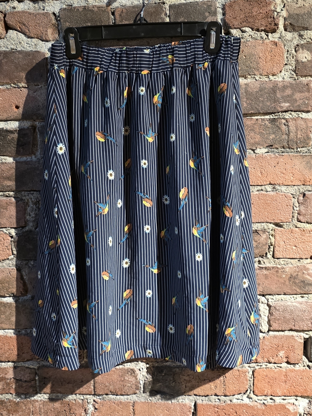 Le Lis Navy Striped Skater Skirt with Floral & Bird Motif